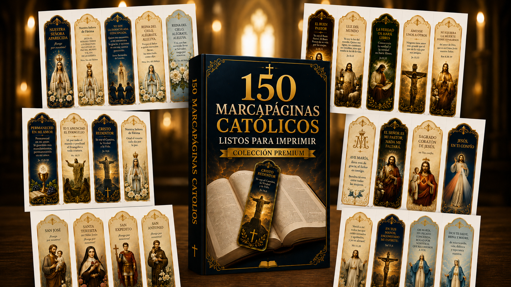 Colección Premium de 150 marcapáginas católicos con Biblia y diseños dedicados a María, Jesús y los santos