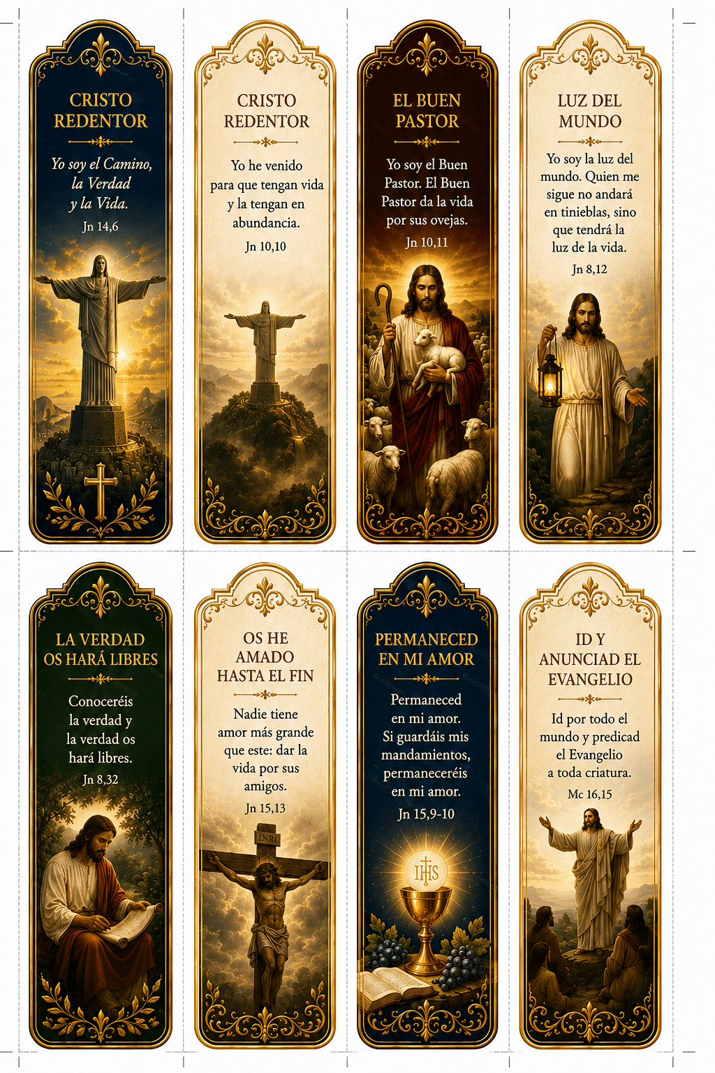 Marcapáginas con Cristo Redentor, el Buen Pastor y la Luz del Mundo