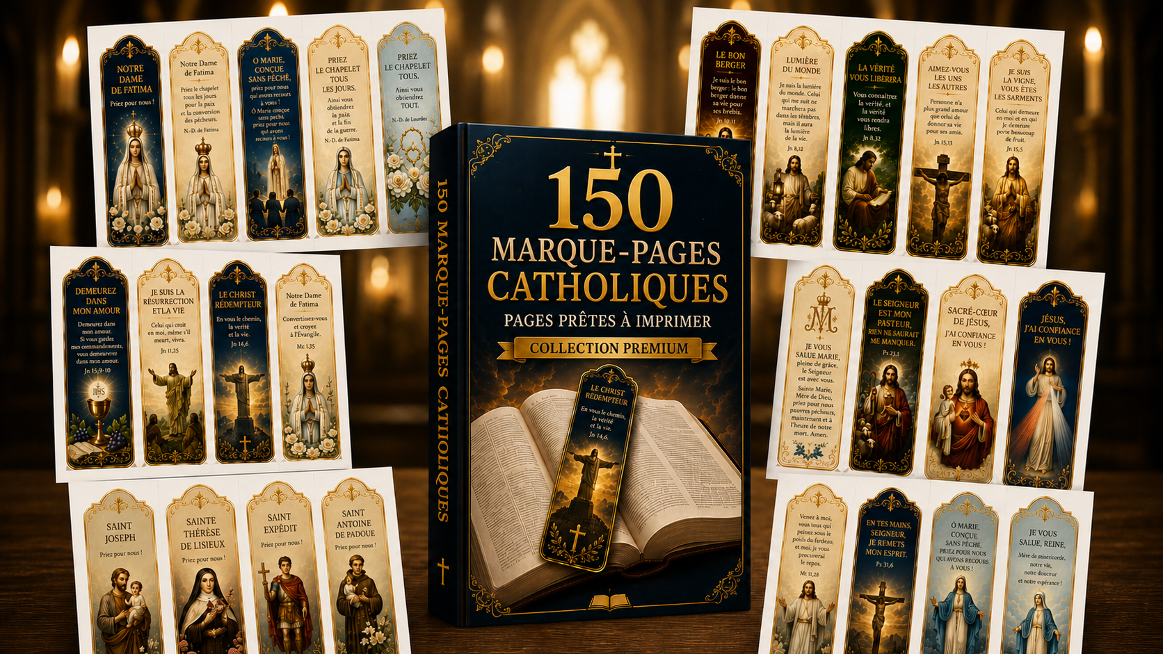Collection Premium de 150 marque-pages catholiques avec une Bible et des modèles consacrés à Marie, Jésus et aux saints