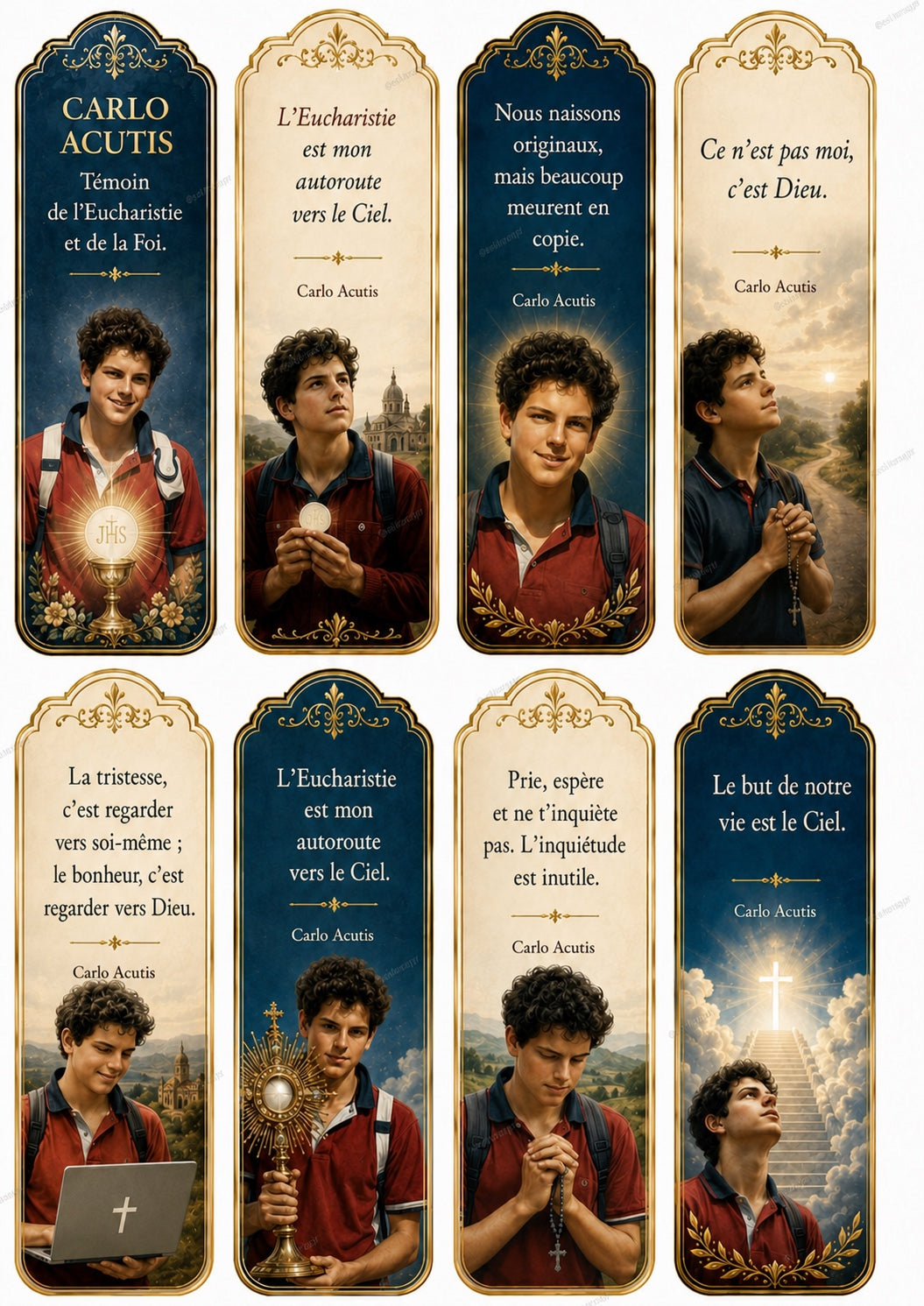Marque-pages avec le bienheureux Carlo Acutis et des citations inspirantes