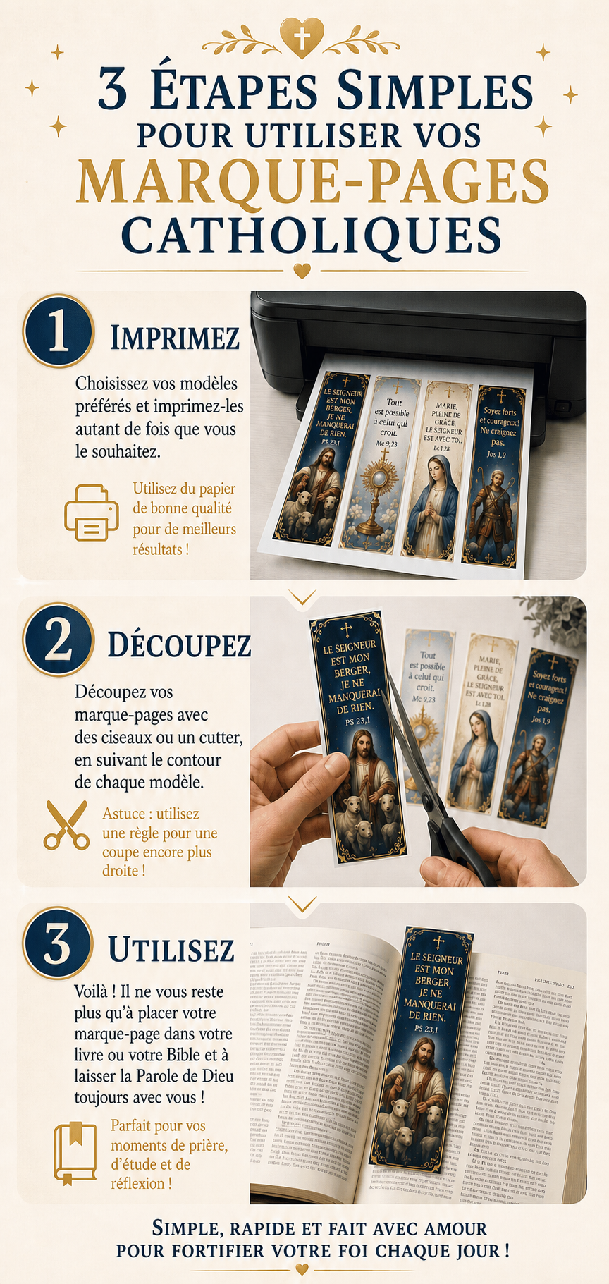3 étapes simples pour utiliser vos marque-pages catholiques : téléchargez, découpez et utilisez
