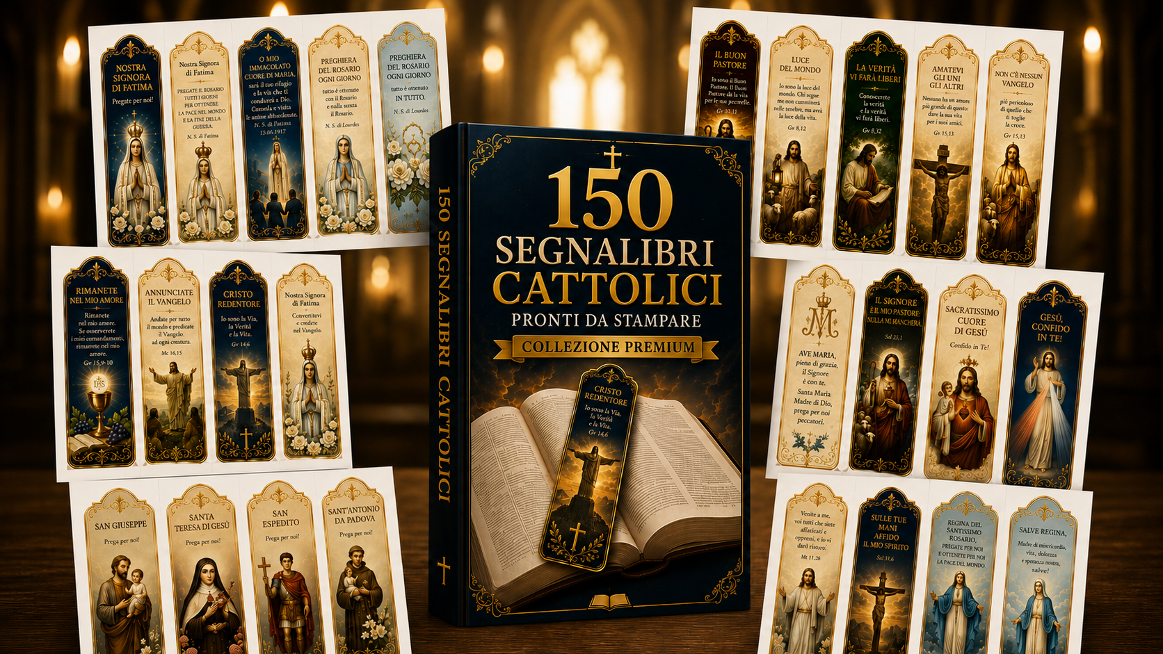 Collezione Premium di 150 segnalibri cattolici con Bibbia e modelli dedicati a Maria, Gesù e ai santi